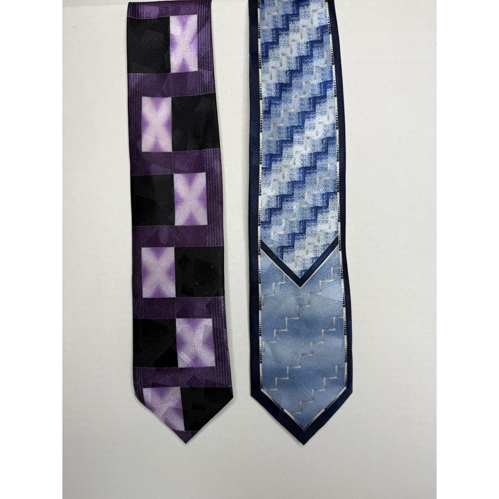Lot 2 Fratello Handmade Ties Purple Black Geometric & Blue Zigzag Neckties